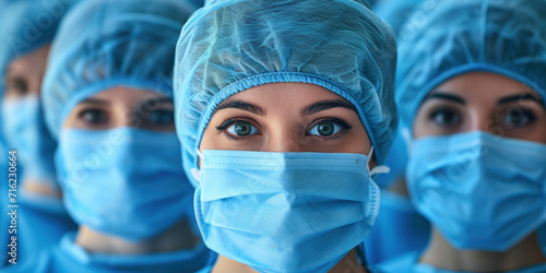 Female doctors in blue caps and masks. Medical care concept