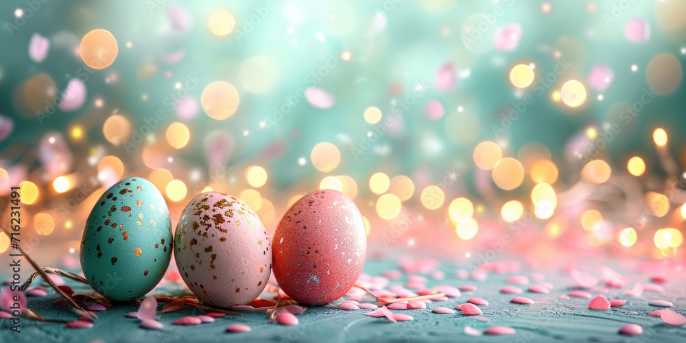 Whimsical Easter joyful background, lights in the spring background , pink , turquoise , colorful eggs Whimsical Easter joyful background, lights in the spring background , pink , turquoise , colorful eggs