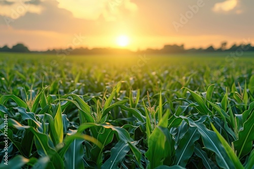 A verdant cornfield where the light is visible through the foliage. Generative Ai.