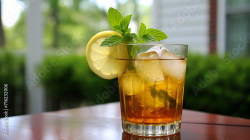 mint julep tea. a southern twist in iced tea with lemon slices. photo