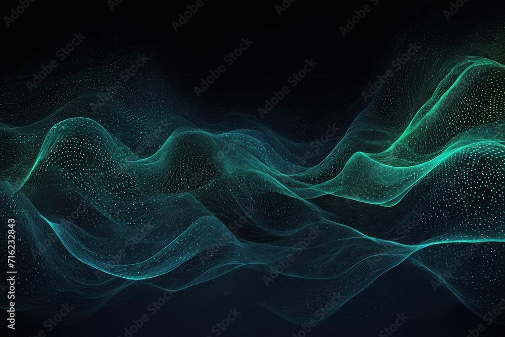 Flowing dots particles wave pattern blue green gradient light isolated on black background. A vector in concepts of technology, science, music, and modern.