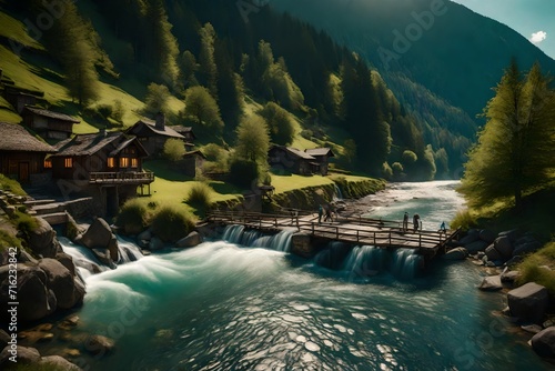 a house nera the lake over srrounding in forest and mountains photo