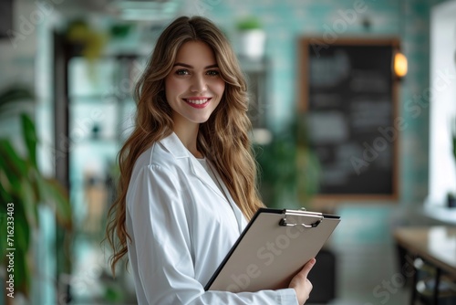 Professional female psychologist in happy mood with clipboard in hand. Generative Ai. photo