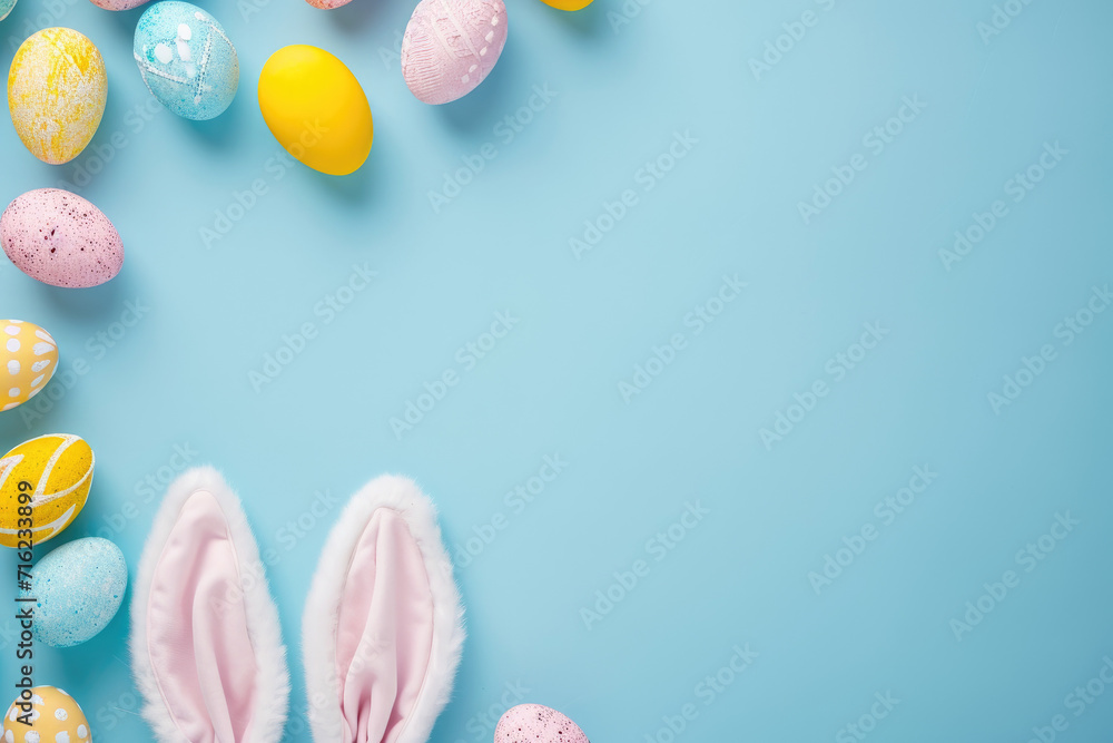 Easter party concept. Top view photo of easter bunny ears white pink blue and yellow eggs on isolated pastel blue background
