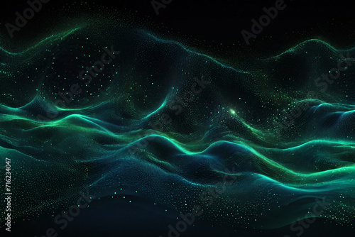 Flowing dots particles wave pattern blue green gradient light isolated on black background. A vector in concepts of technology, science, music, and modern. © Shihab_Shahriar