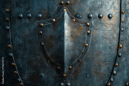 shield is affixed to a dark wooden surface that appears to be part of a fortified door or wall photo