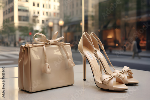 Fashionable beige varnished handbag and high-heeled shoes stand on a store window on street. Sales in an accessories store.  AI Generative photo