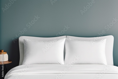 White fresh crispy pillow case on bed in bedroom photo