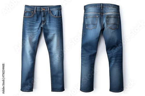 Mockup Fashionable blue jeans, staight cut on white background. Place for design, print and showcasing. Generate Ai.