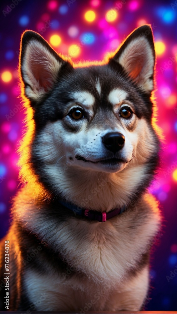 A portrait photo showcasing an Alaskan Klee Kai dog with a backdrop of vivid neon lights