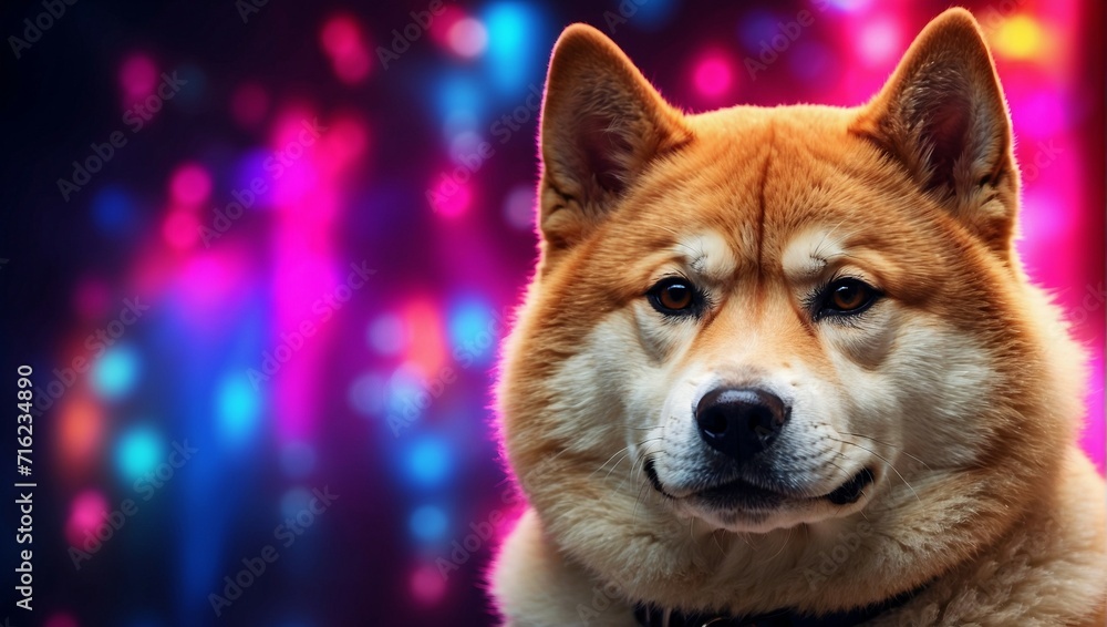 A portrait photo featuring an Akita dog, with vibrant neon lights illuminating the background