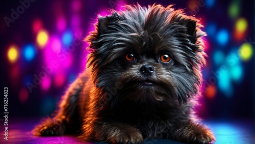 A portrait photo featuring an Affenpinscher dog, with vibrant neon lights illuminating the background © noah
