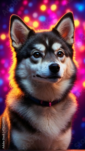 A portrait photo showcasing an Alaskan Klee Kai dog with a backdrop of vivid neon lights