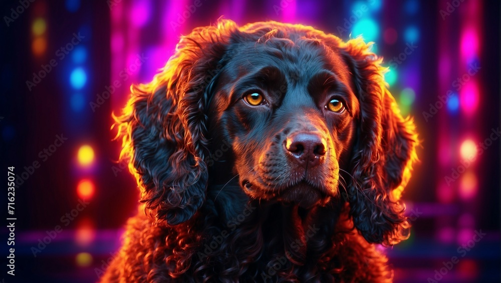 A portrait photo highlighting an American Water Spaniel dog, set against a backdrop of vibrant neon lights