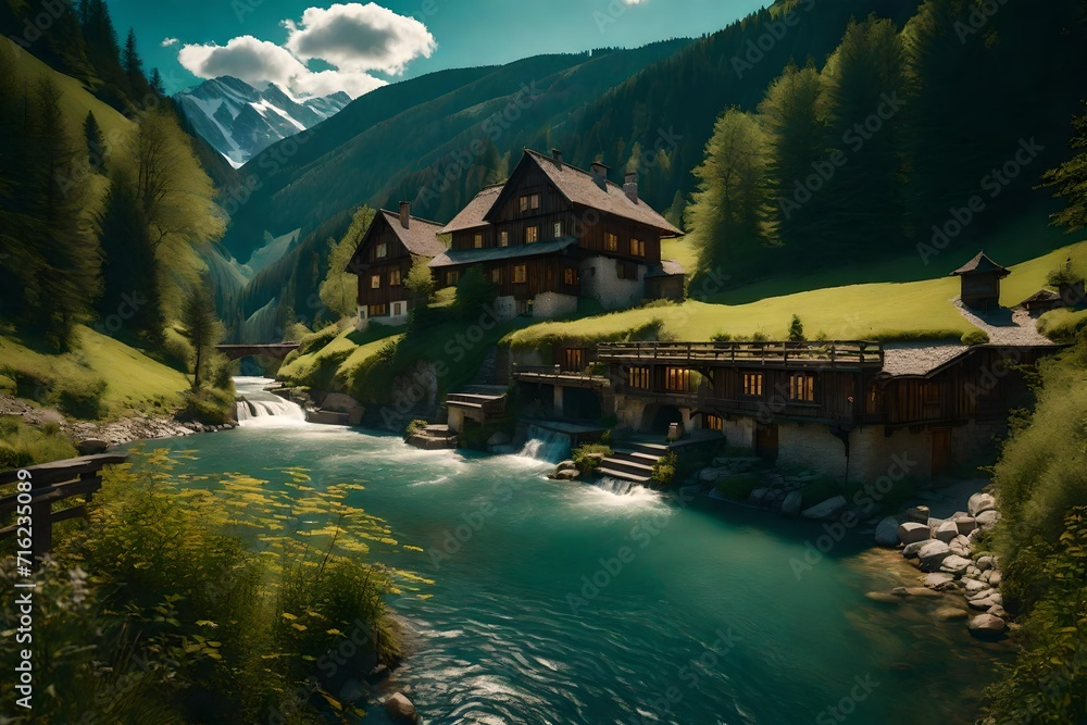 Naklejka premium a house nera the lake over srrounding in forest and mountains