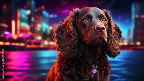 A portrait photo highlighting an American Water Spaniel dog, set against a backdrop of vibrant neon lights