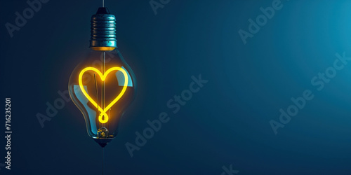 Yellow heart in electric light bulb on blue studio background with copy space empty place for text. Valentine's day, creative idea, Inspiration share love concept.
