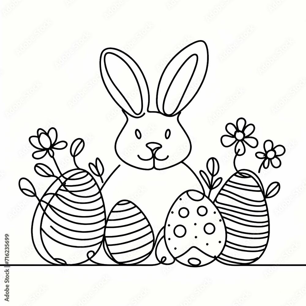 One continuous line drawing of Easter eggs and rabbit. Greeting banner ...