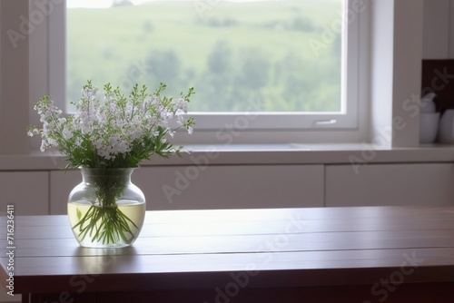 Small white flowers in glass vase on morning light in window