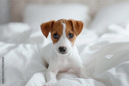 Tiny Jack Russel terrier puppy on the white bed close up. Dog pet