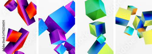 Flying 3d shapes, cubes and other geometric elements background design for wallpaper, business card, cover, poster, banner, brochure, header, website