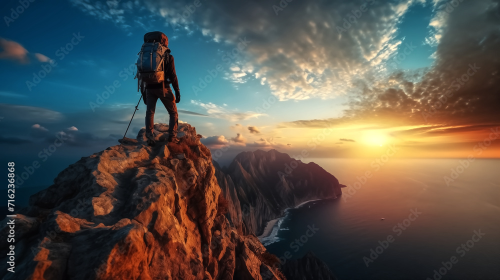 Mountaineer climbs cliff over blue sea sunset Mountaineer climbs cliff over blue sea sunset
