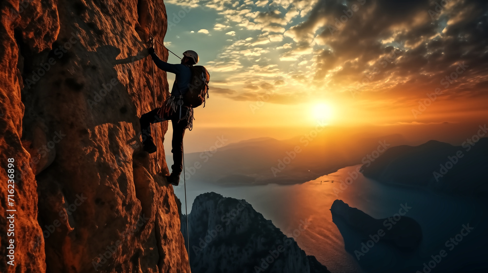 Mountaineer climbs cliff over blue sea sunset