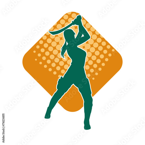 Silhouette of a female fighter in action pose carrying sword weapon.