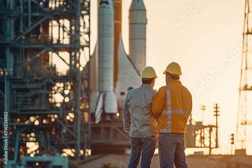 Two engineers talking in front of a spaceship launch