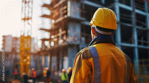 Engineer technician watching the team of workers on the high-steel platform in the construction site