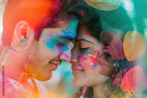 Close-up couple Holi celebration, double exposure with India Holi festival
