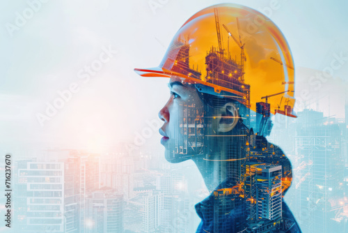 Future building construction engineering project concept with double exposure graphic design building engineer