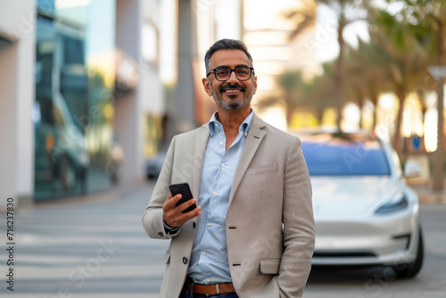 Dubai businessman uses a mobile phone and EV car in the background © EmmaStock