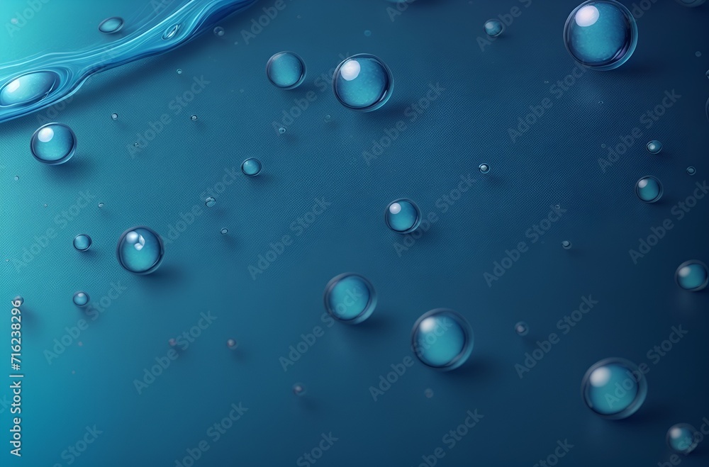 Abstract Wallpaper background. Macro water droplets on a surface of Cyan Blue Hue and a few drops of Carbon Black.water drops on blue background