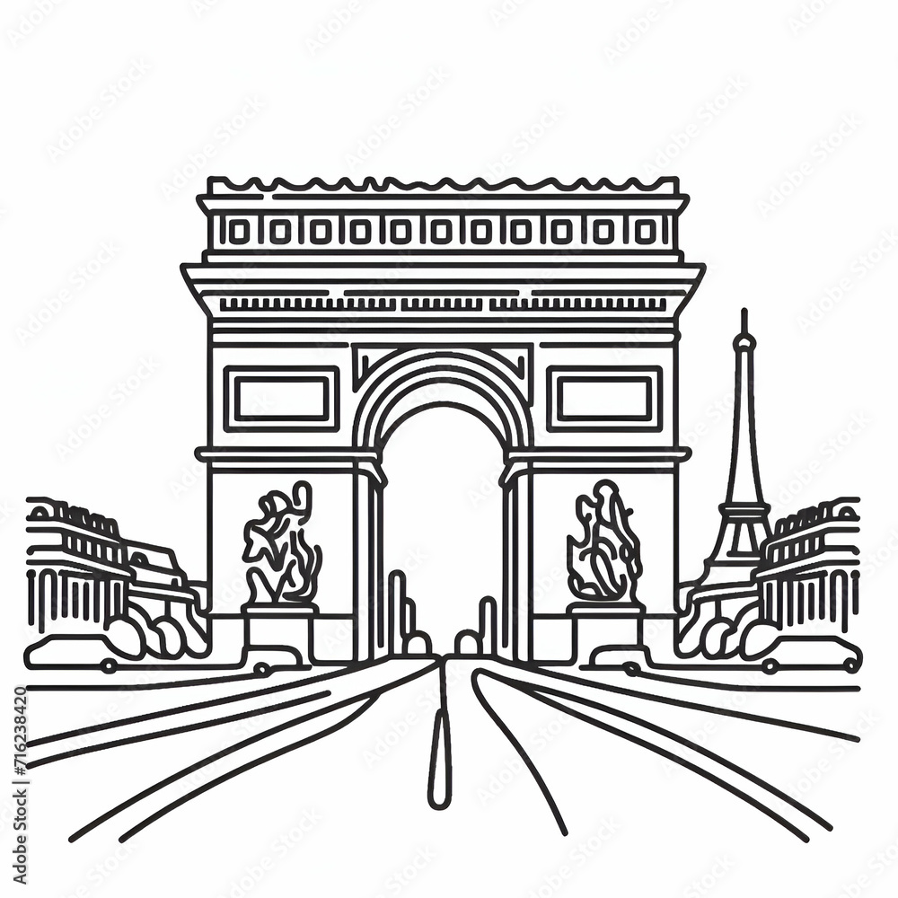 Continuous one line drawing of Triumphal Arch. Famous historic building in Paris city in simple linear style. French landmark in editable stroke. Doodle outline vector illustration