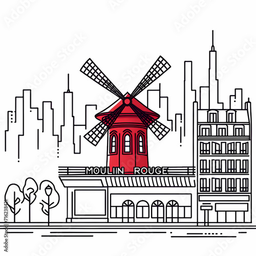 Continuous one line drawing of Cabaret Moulin Rouge. Red windmill in Paris city in simple linear style. French landmark in editable stroke. Doodle outline vector illustration