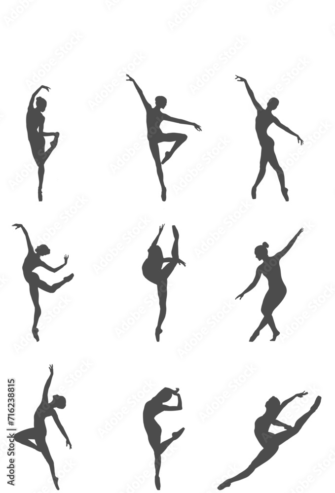 silhouettes of woman ballet dancers in many pose
