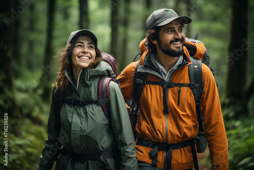 Happy couple hiking in the forest with backpacks. Travel and adventure concept.