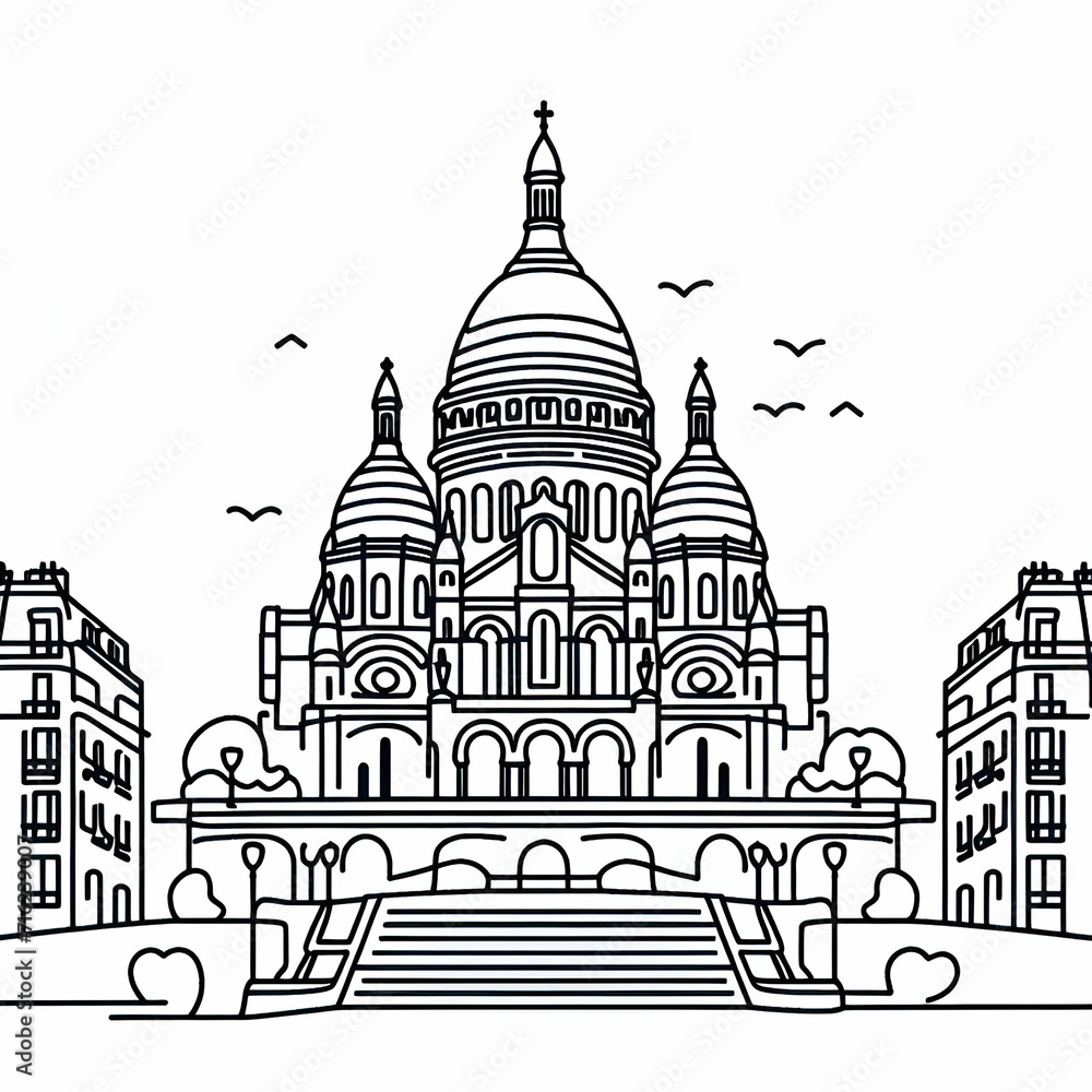Continuous one line drawing of Sacre-Coeur Basilica. Famous historic building in Paris city in simple linear style. French landmark in editable stroke. Doodle outline vector illustration