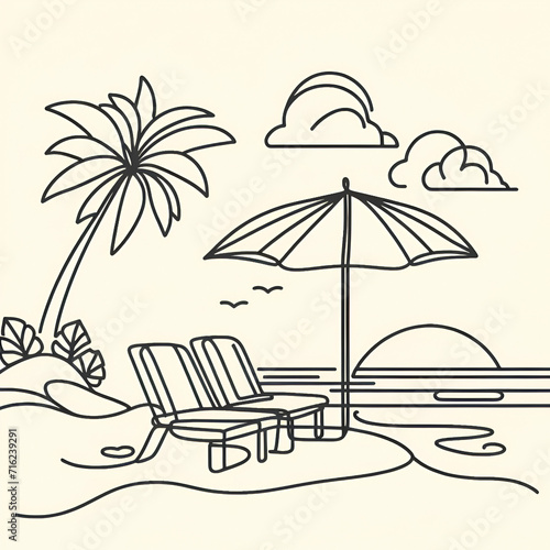 Beach umbrella and chair in one continuous line drawing. Concept of holiday summer and vacation in paradise island and sea in simple linear style. Editable stroke. Doodle outline vector illustration