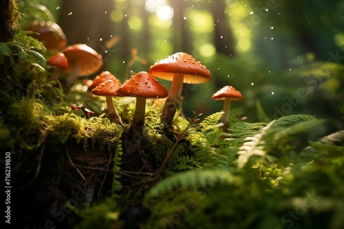 A group of mushrooms on lush plants, covered with moss and spotted soil under the sun. Generative AI