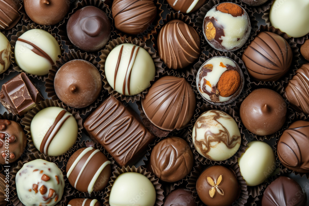 Assortment of chocolate candies, white, dark, milk chocolate Sweets background Assortment of chocolate candies, white, dark, milk chocolate Sweets background