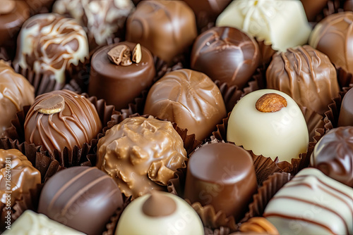Assortment of chocolate candies, white, dark, milk chocolate Sweets background © ebhanu