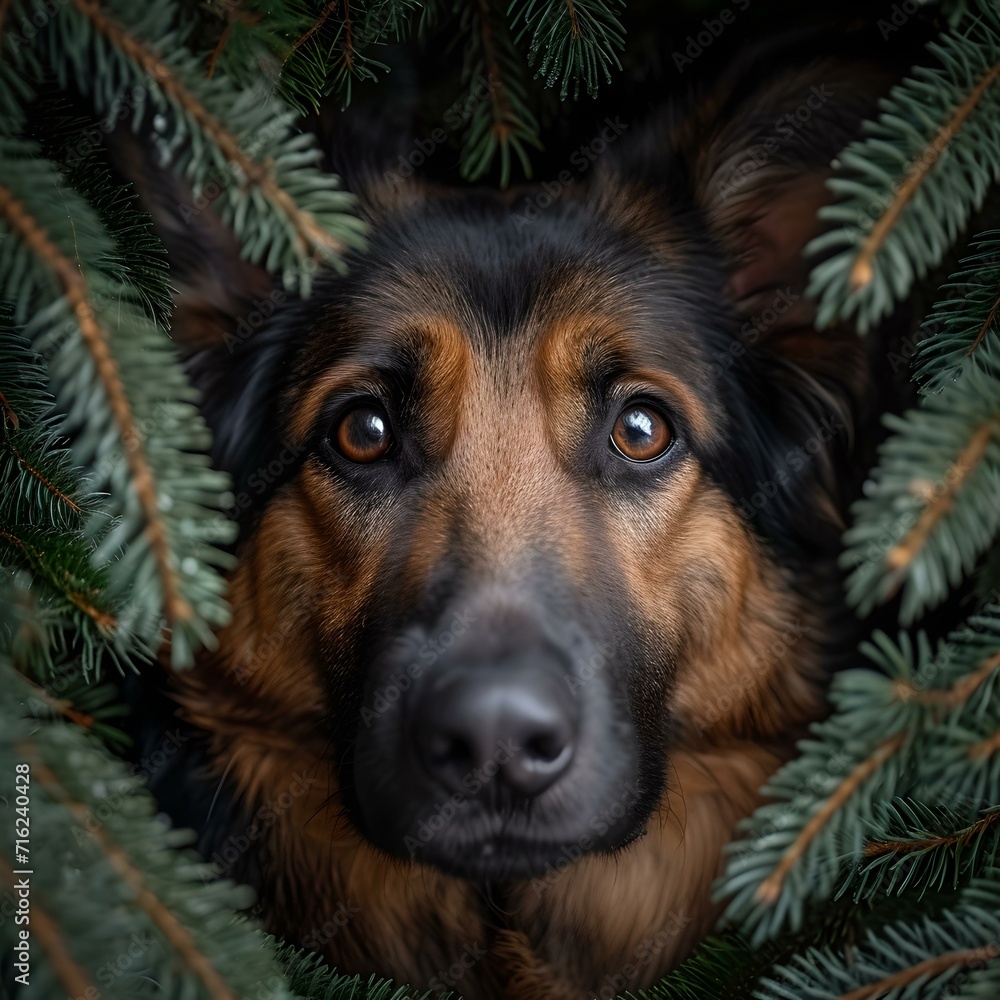 Captivating german shepherd peeking through evergreen branches. adorable dog eyes gazing. perfect pet portraiture. AI Captivating german shepherd peeking through evergreen branches. adorable dog eyes gazing. perfect pet portraiture. AI