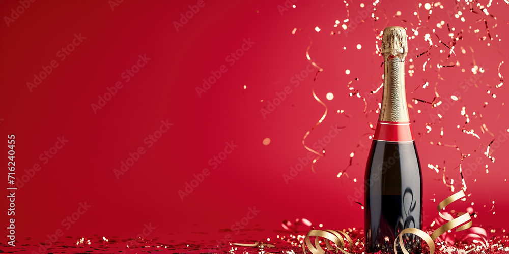 Fototapeta premium A bottle of champagne on a red studio background. Holiday concept