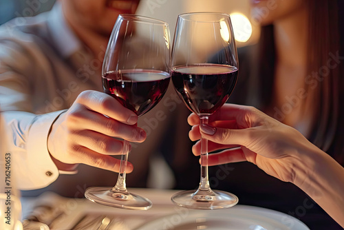 Close up of young couple toasting with glasses of red wine at restaurant