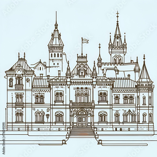 Continuous one line drawing of old residence and castle. Serbian landmarks Vladicanski dvor in Novi Sad city in simple linear style. Editable stroke. Doodle vector illustration photo