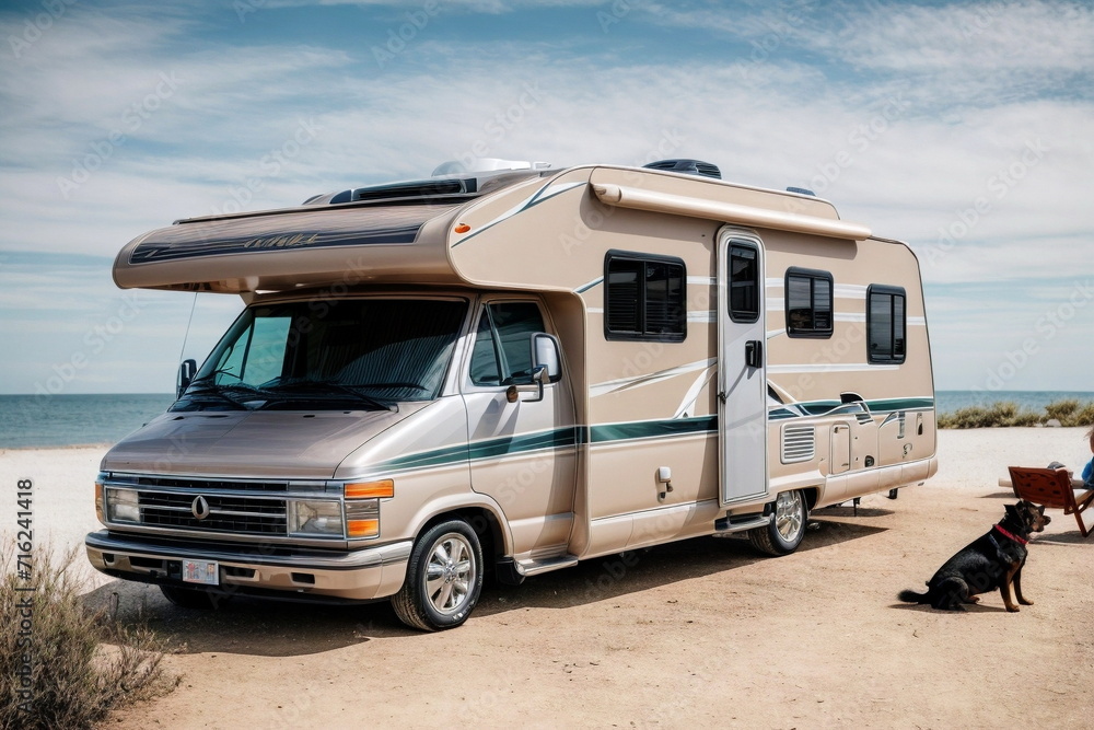 Family vacation with a dog in a motorhome on the sea beach. Holiday trip in Caravan car .