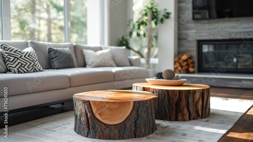 Close-up of a coffee table with two tree stumps near a gray sofa beside a window and fireplace.