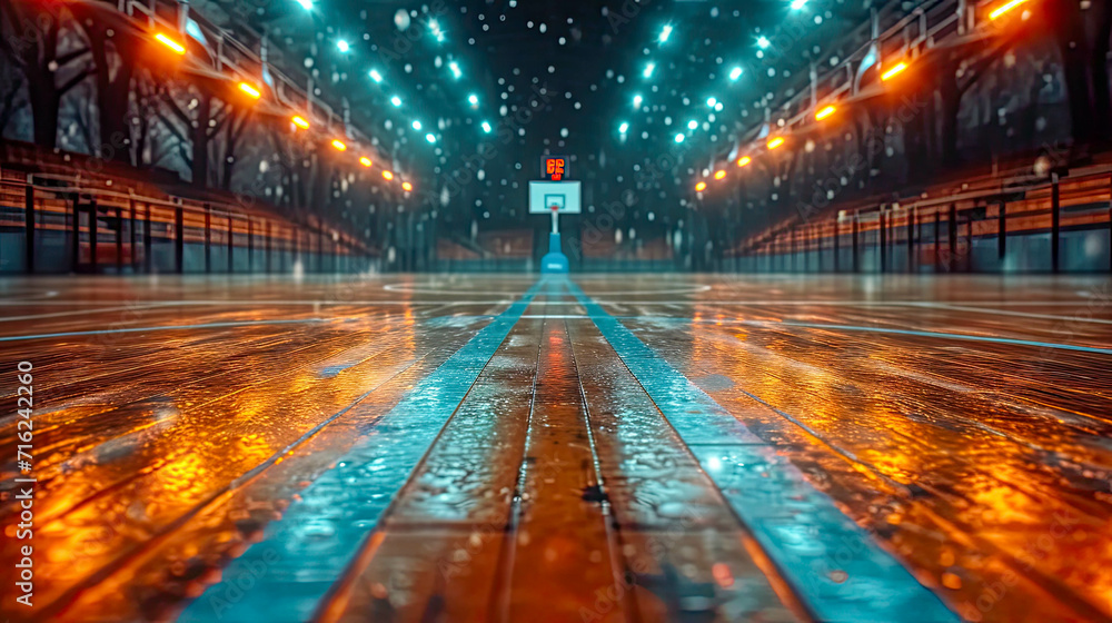 Empty basketball court in the rays of light with a stadium and a hoop for playing basketball Empty basketball court in the rays of light with a stadium and a hoop for playing basketball